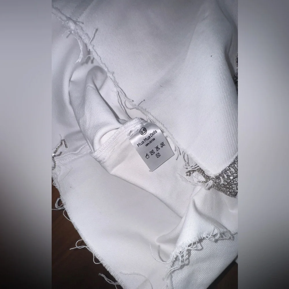 HOUSE OF MUAMUA Crystal Fringe White Denim Skirt