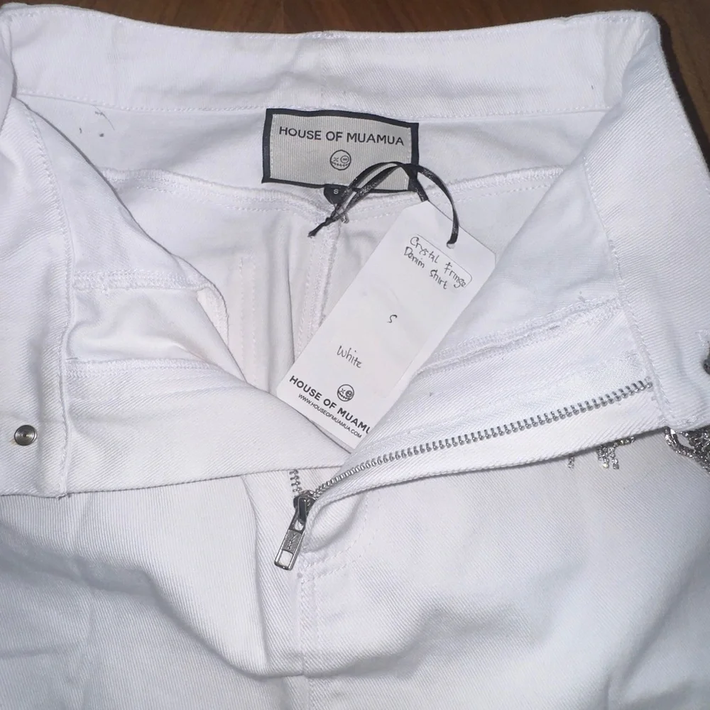 HOUSE OF MUAMUA Crystal Fringe White Denim Skirt