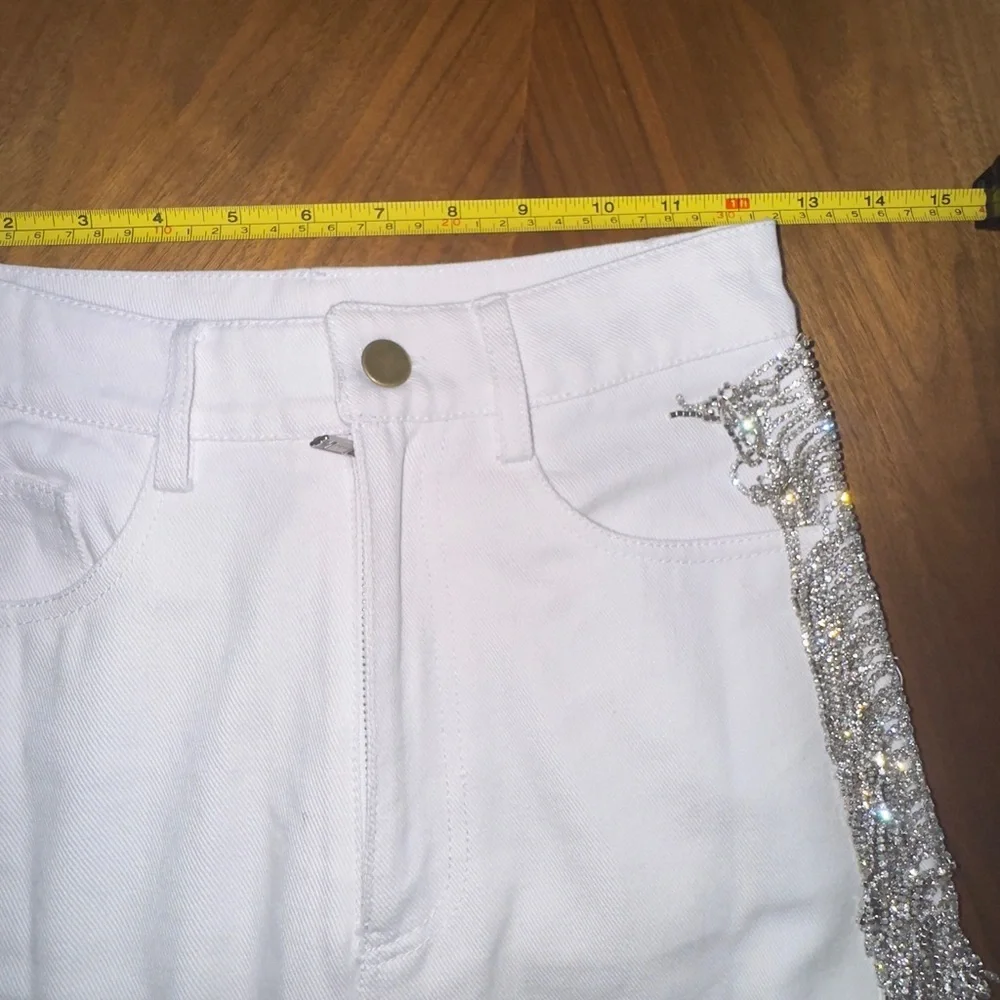 HOUSE OF MUAMUA Crystal Fringe White Denim Skirt