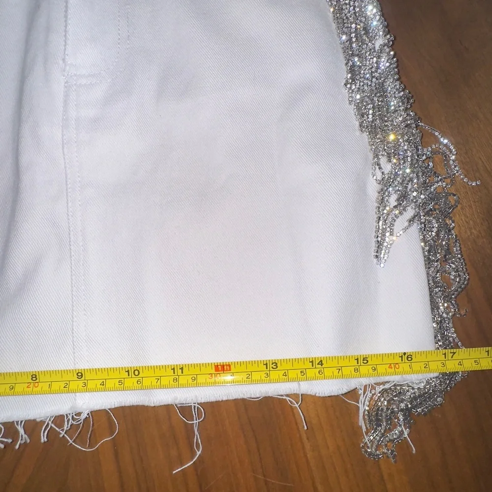 HOUSE OF MUAMUA Crystal Fringe White Denim Skirt