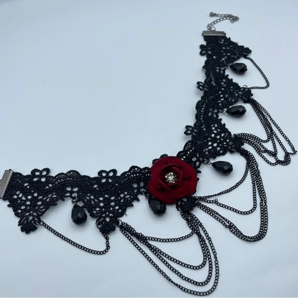 Gothic Black Lace Choker with Red Velvet Rose & Black Teardrop Beads
