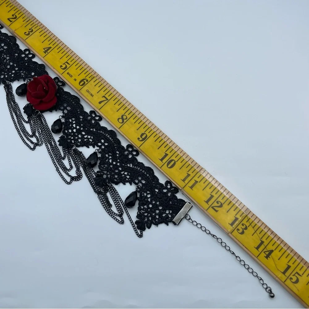 Gothic Black Lace Choker with Red Velvet Rose & Black Teardrop Beads