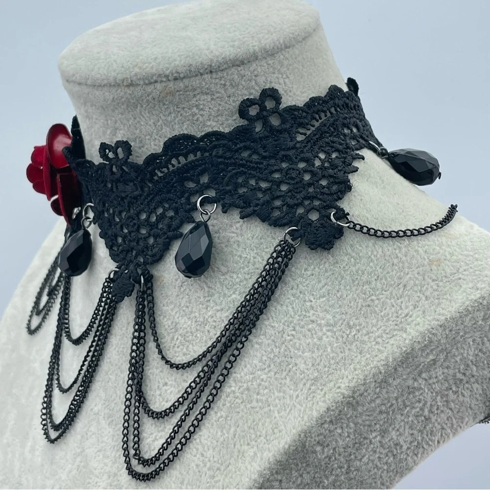Gothic Black Lace Choker with Red Velvet Rose & Black Teardrop Beads