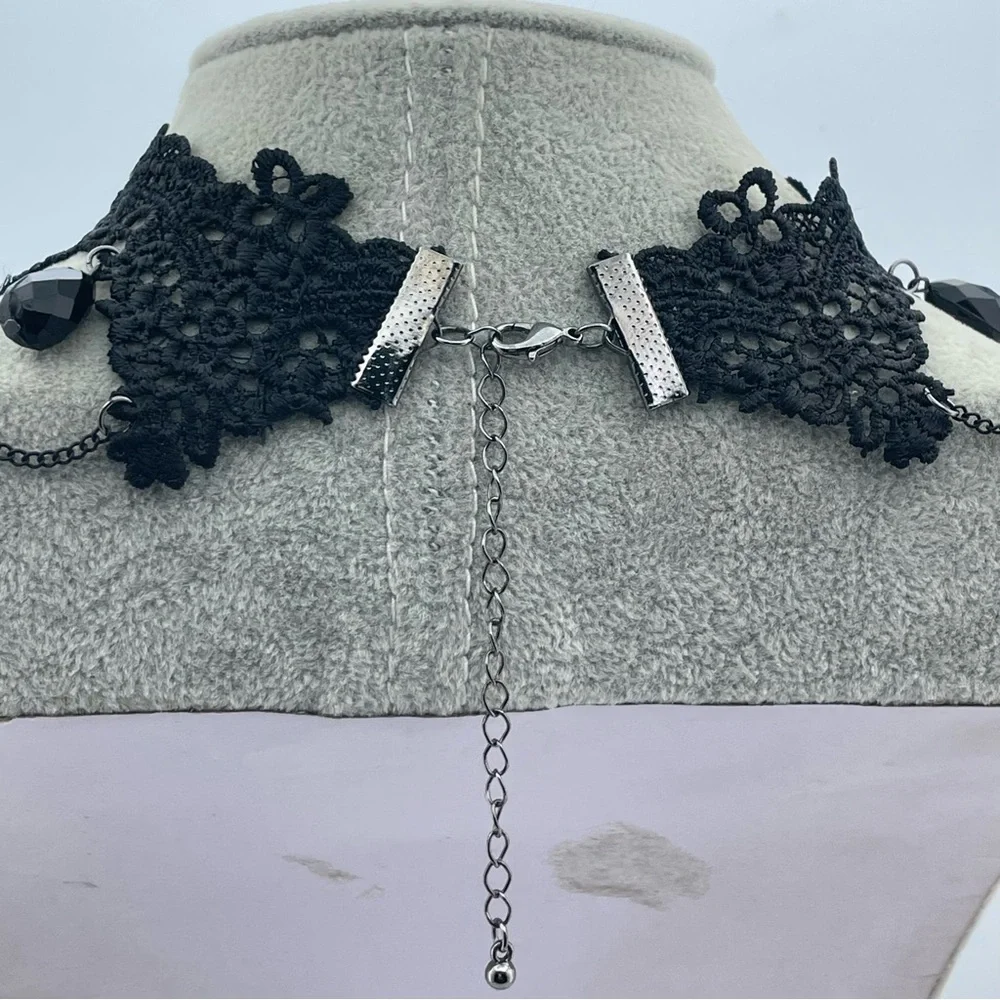 Gothic Black Lace Choker with Red Velvet Rose & Black Teardrop Beads