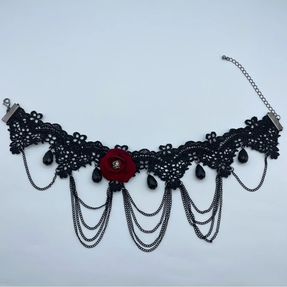 Gothic Black Lace Choker with Red Velvet Rose & Black Teardrop Beads