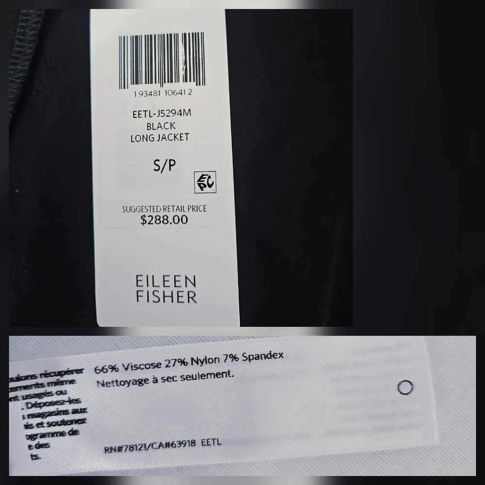 Eileen Fisher System Washable Stretch Crepe Long Jacket Black NWT Small