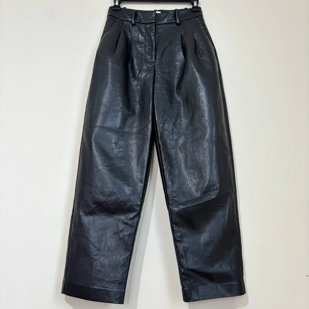 Wilfred preppy black soft faux leather high rise pleated straight leg crop pants