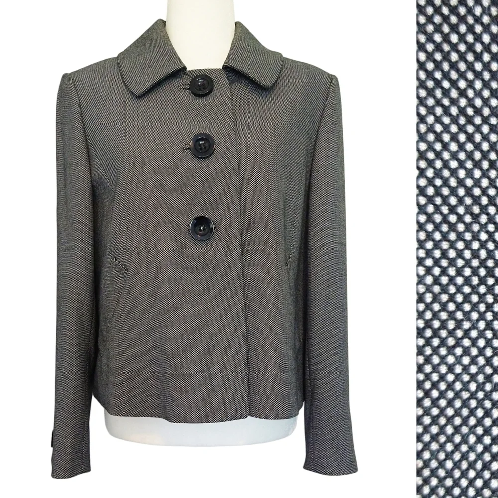 Tahari ASL Gray Mini Polka Dot Blazer Large Black Buttons Preppy Career PETITE