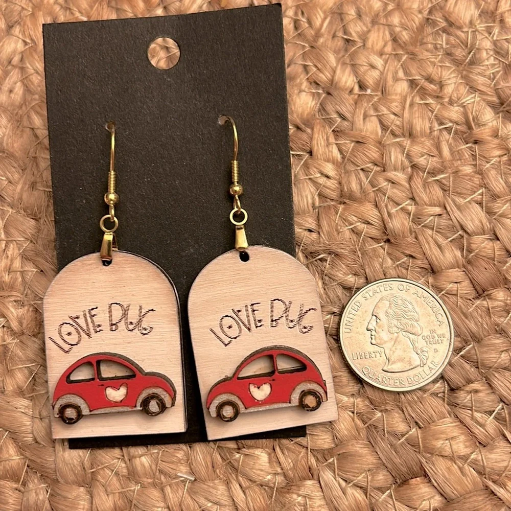 Lovebug Volkswagen Buggie Wood Laser Cut Earrings