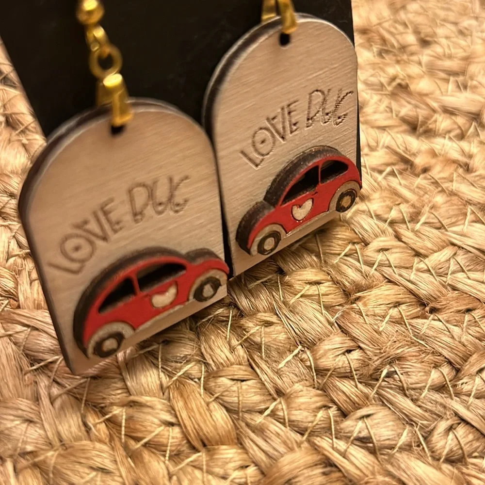 Lovebug Volkswagen Buggie Wood Laser Cut Earrings