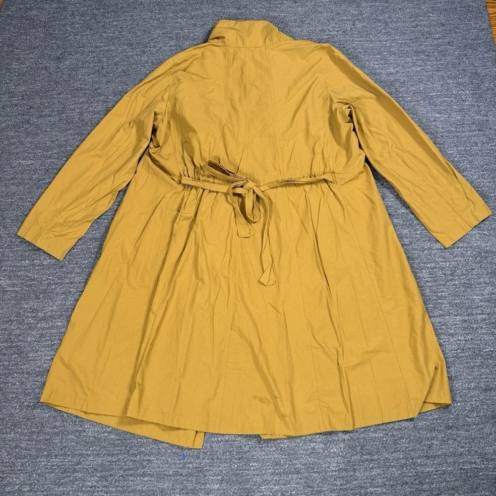 Eileen Fisher Cascade Collar Trench Coat Women Large Gold Tie Waist Nylon Cotton