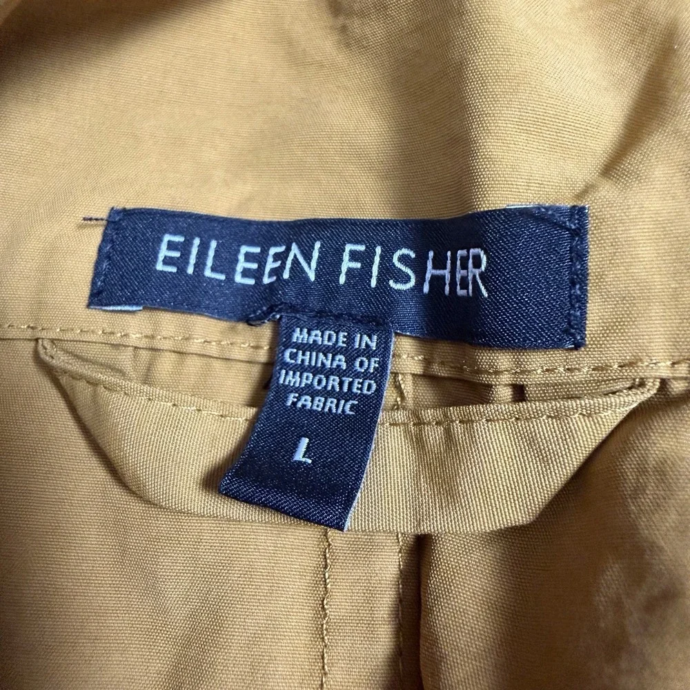 Eileen Fisher Cascade Collar Trench Coat Women Large Gold Tie Waist Nylon Cotton