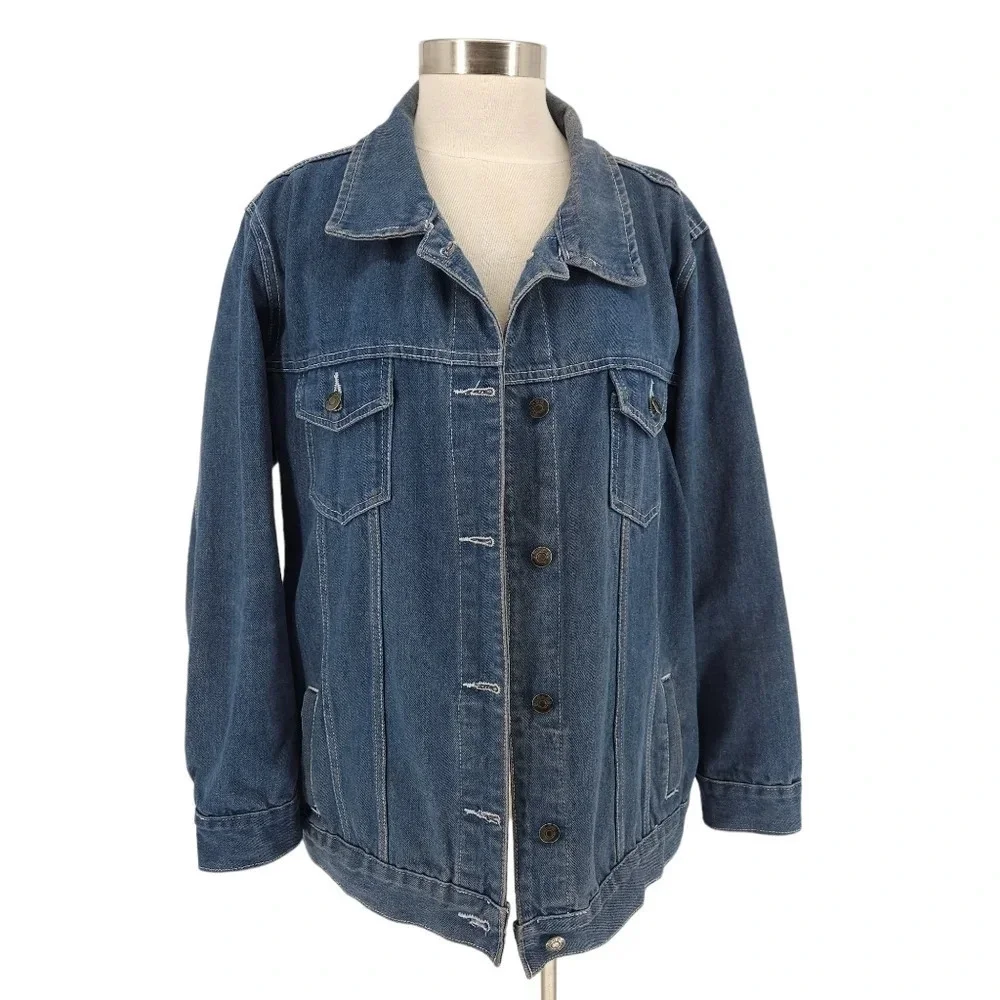 Boohoo Denim Jacket Medium Wash Blue Jean Long Sleeve Button Front Collared