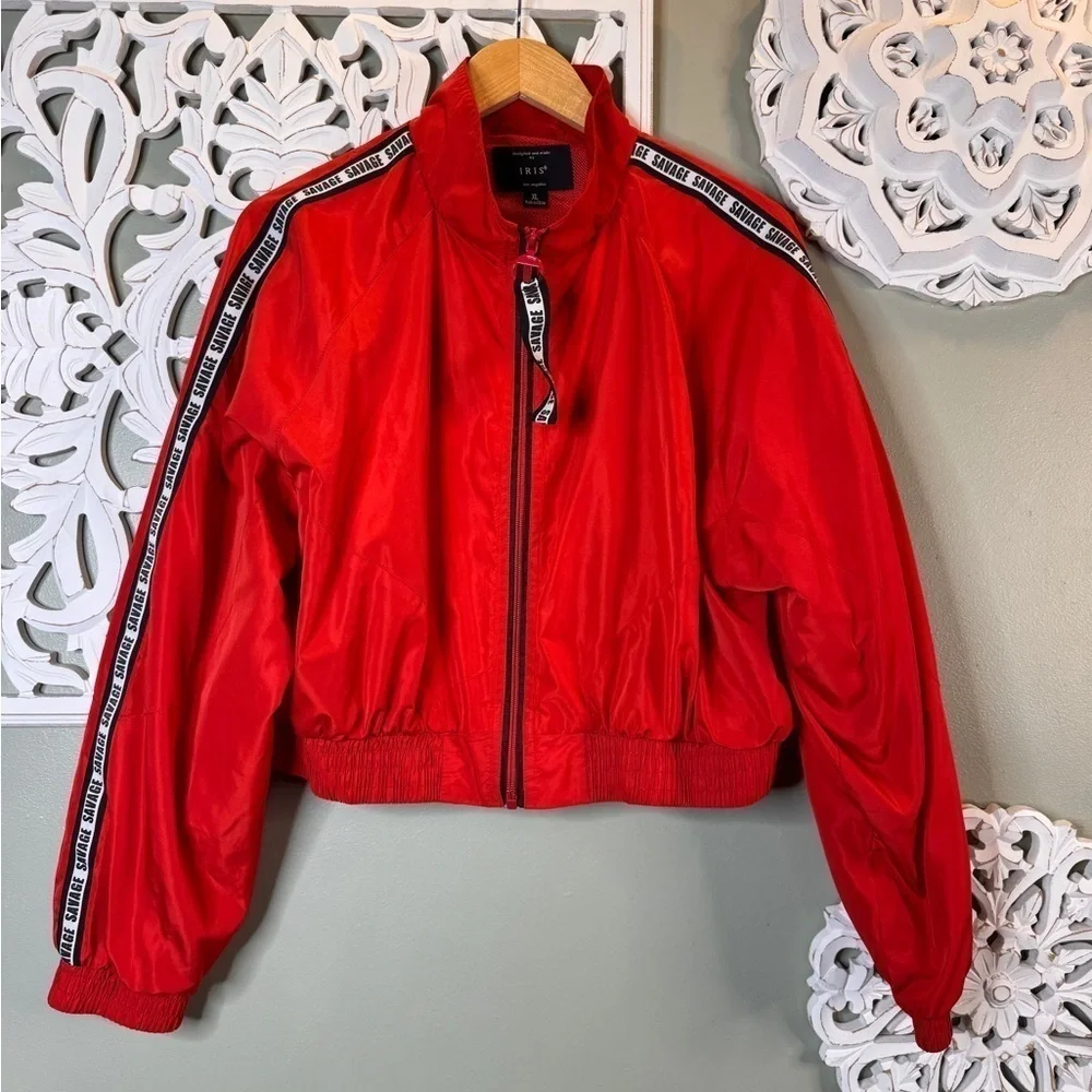 IRIS Los Angeles Savage Read Crop Zip Jacket Windbreaker Red Streetwear XL