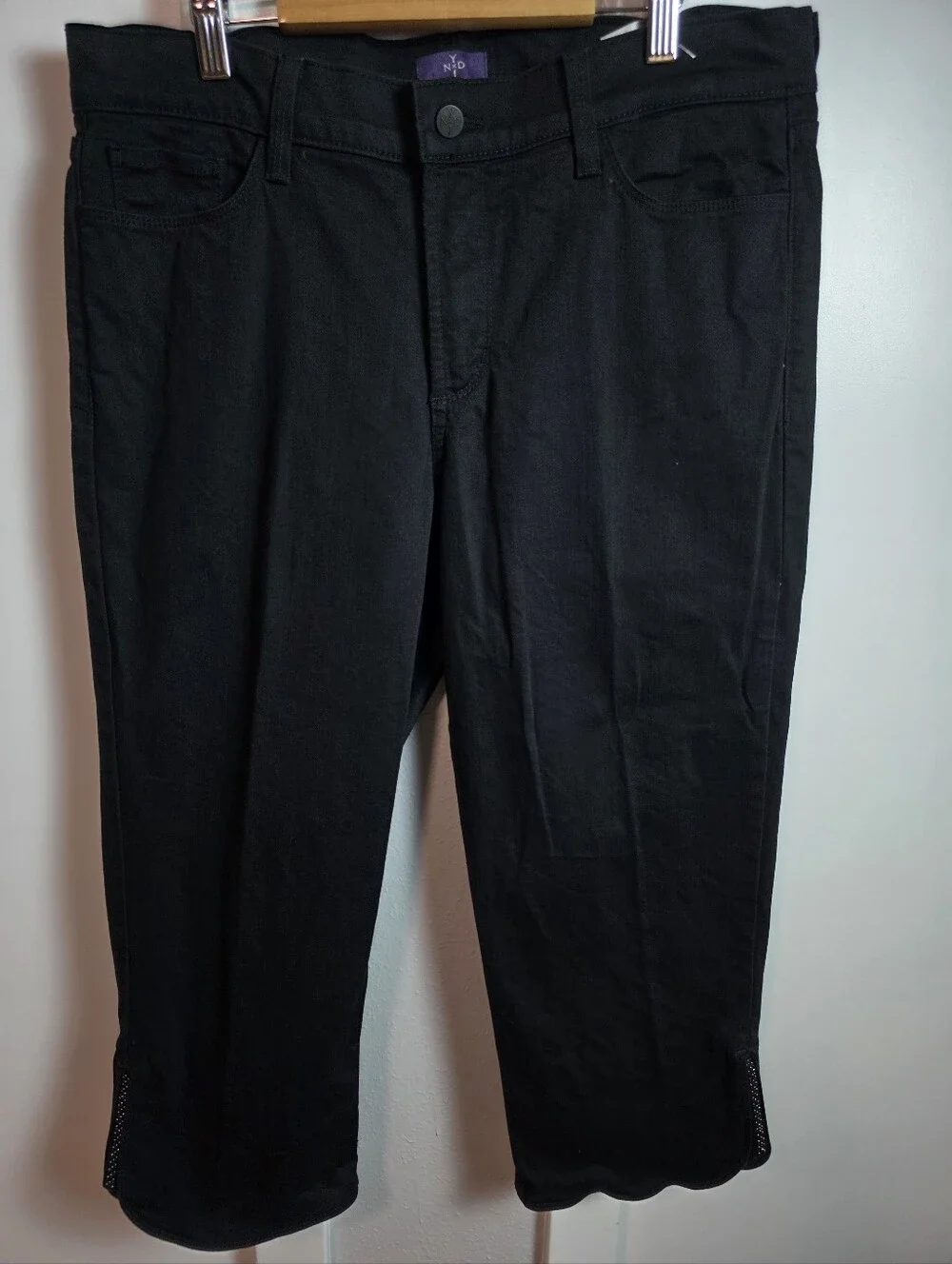 ​NYDJ Black Crop Jeans Size 12 Rhinestone Slit Hem Made in USA  Capris