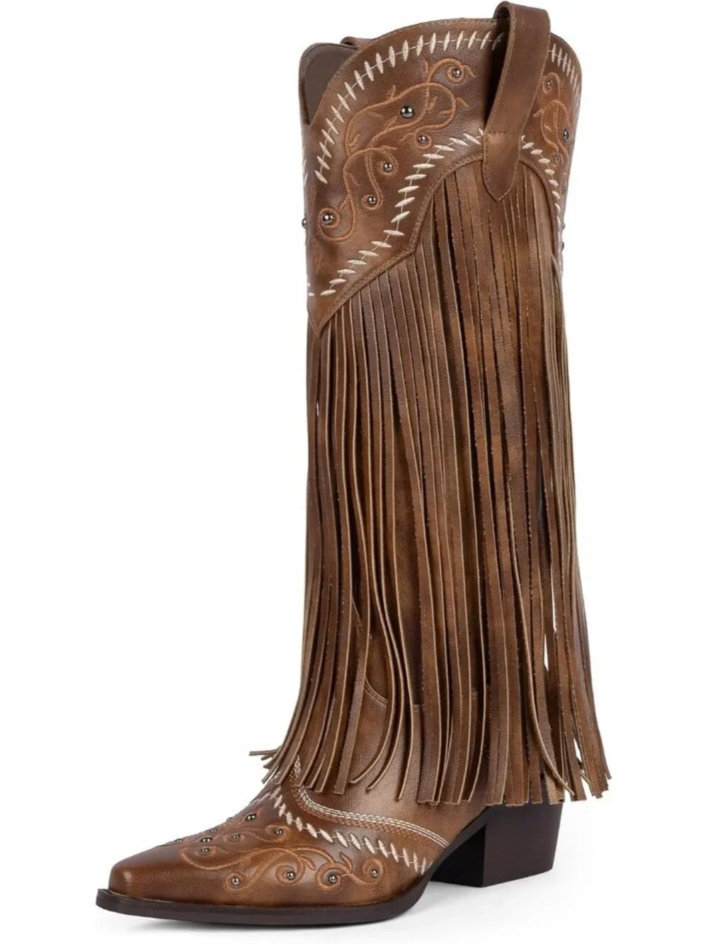 Women's Retro Brown Knee High Pointed Toe Fringe Cowboy Mid Block Heel Boots