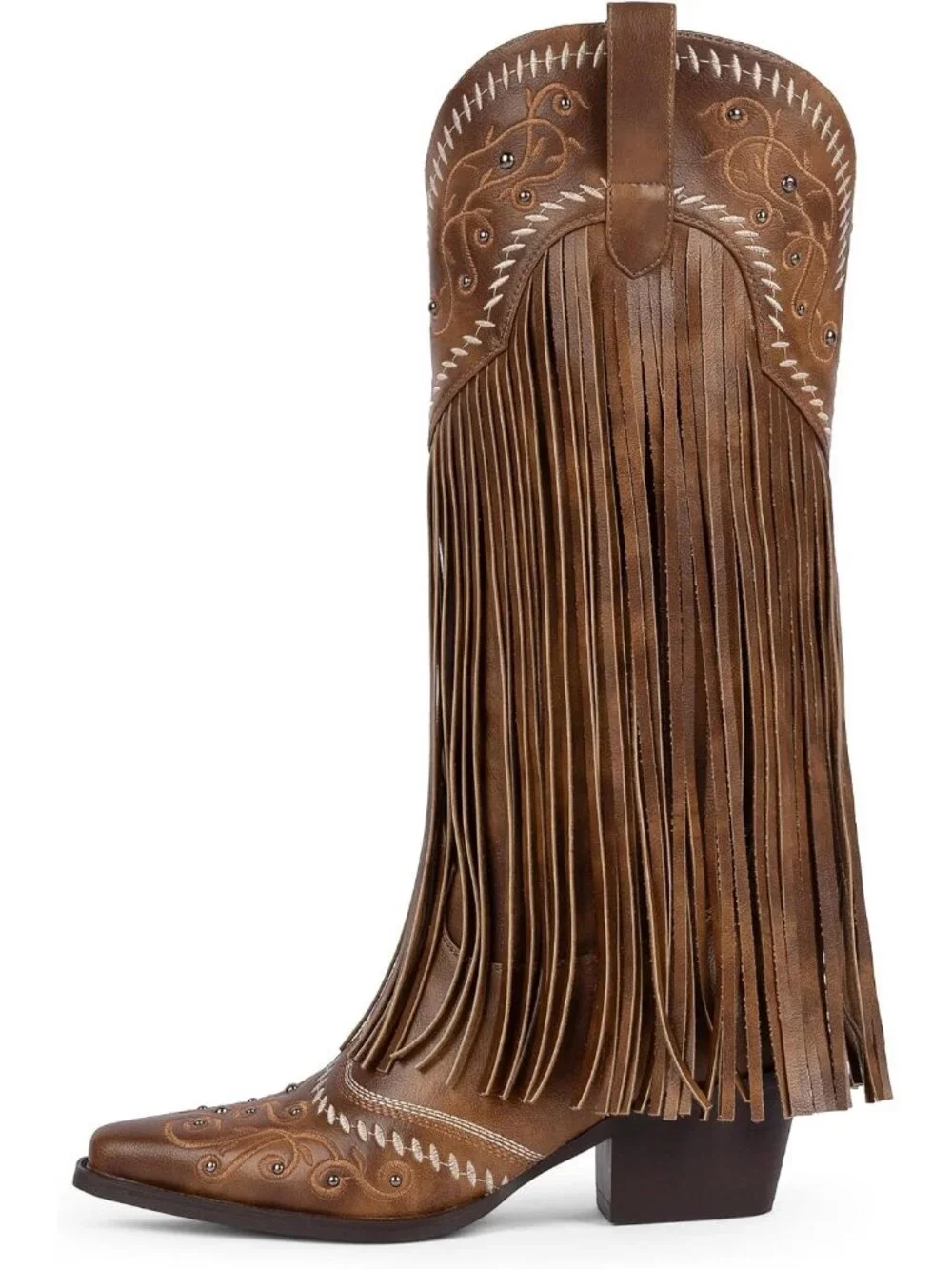 Women's Retro Brown Knee High Pointed Toe Fringe Cowboy Mid Block Heel Boots