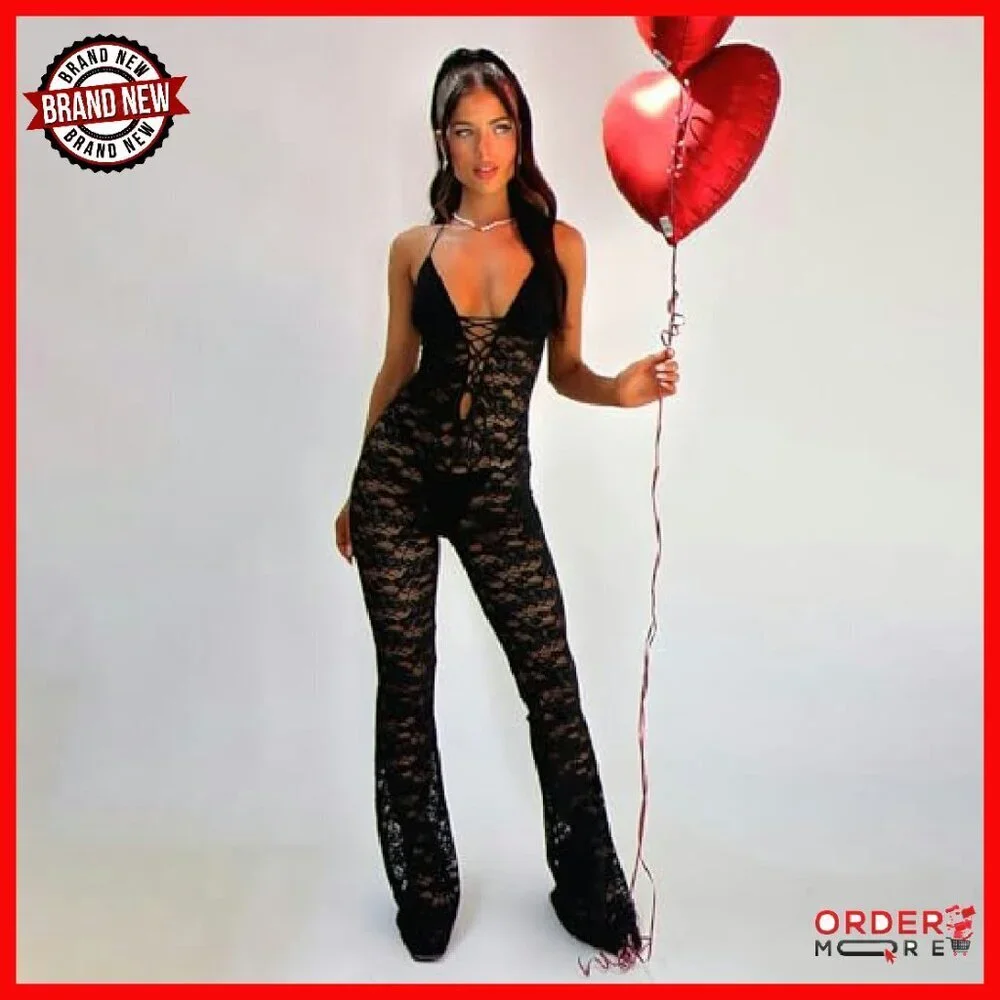Lace Jumpsuit Sleeveless V Neck Backless See Through Flare Pants