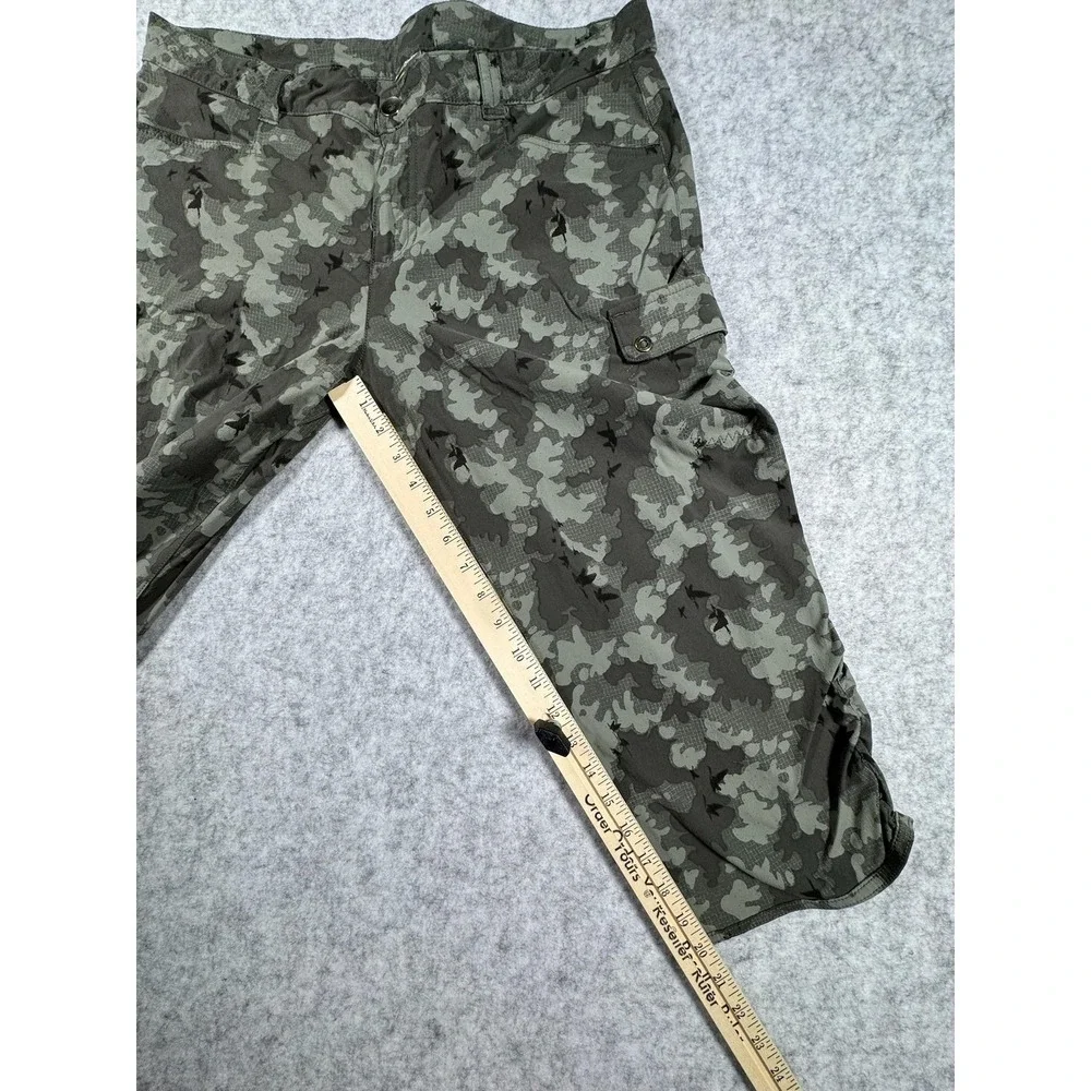 Eddie Bauer Travex Pants Womens 14 Green Camo Capri Stretch Ruched Lightweight