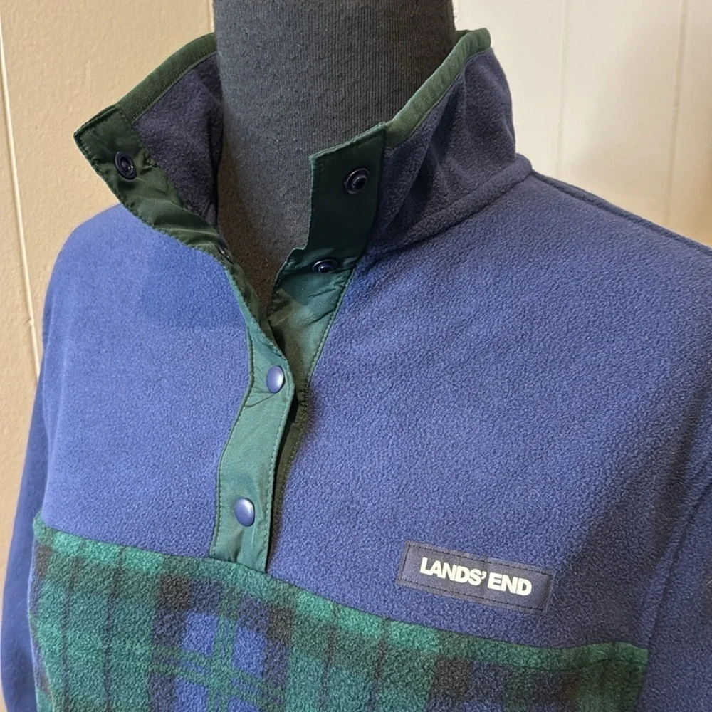 Women's Lands' End Heritage Quarter-Snap Fleece Pullover Small Plaid Pockets