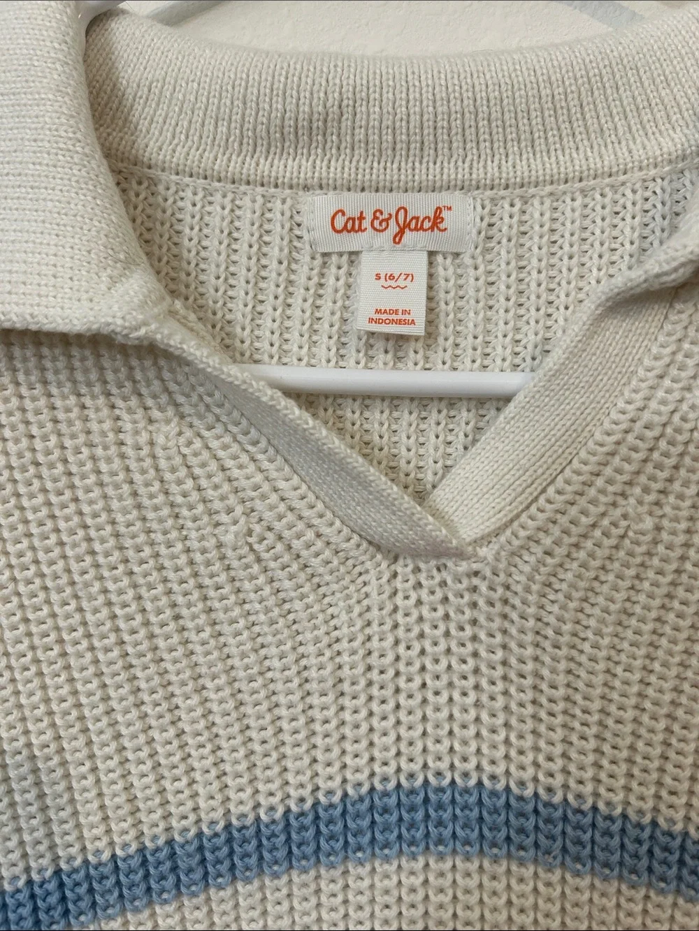 Cat & Jack Cream Sweater with Light Blue Stripes V-Neck Collar