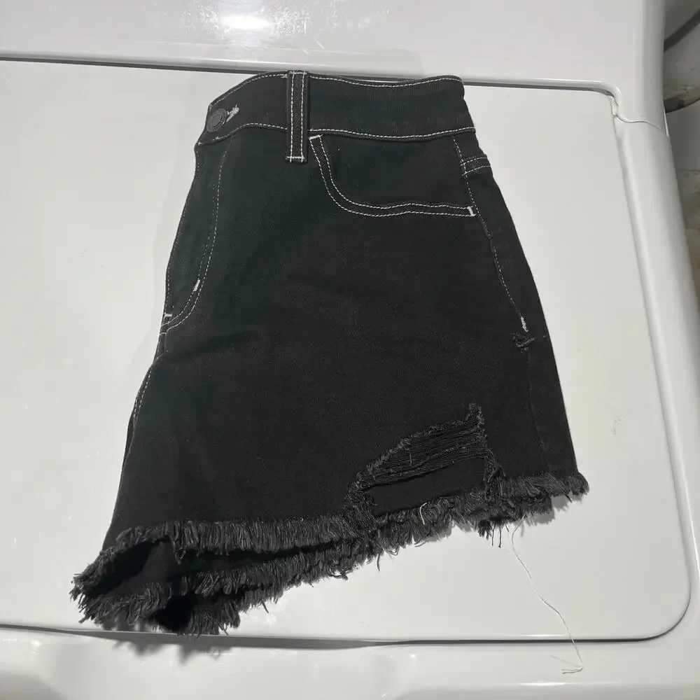 Super High Rise Cutoff Black Destructed Denim Shorts 9 / 29W SO Y2K goth grunge