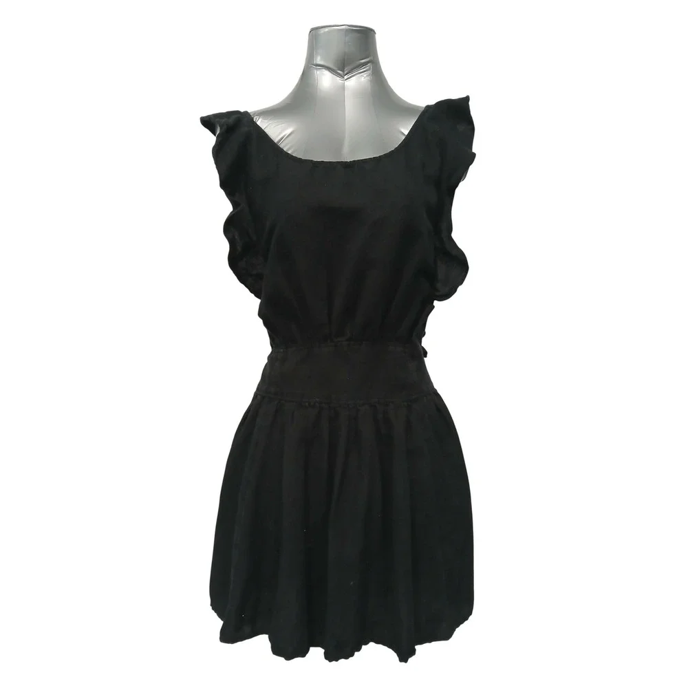 Free People Black Linen Blend Ruffle Open Back Tie Mini Dress Medium OB823812
