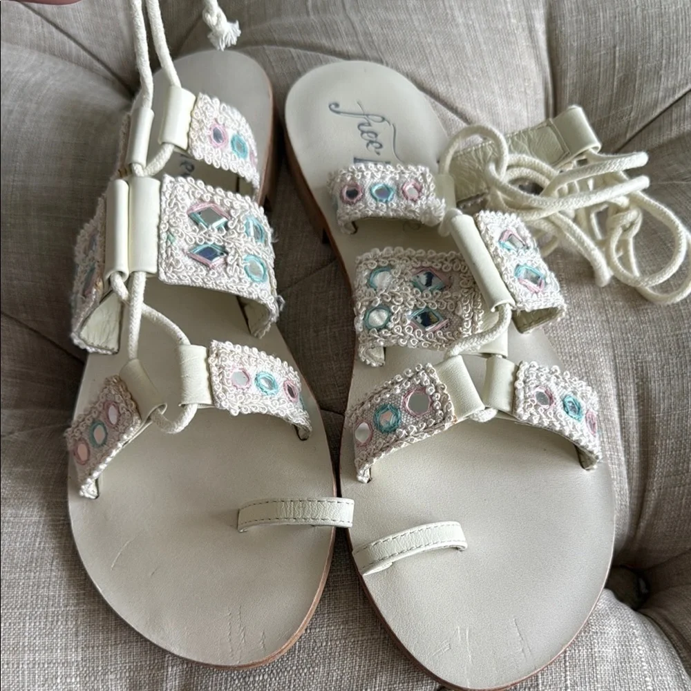 New N T Free People Cream and Blue Lace-Up Sandals