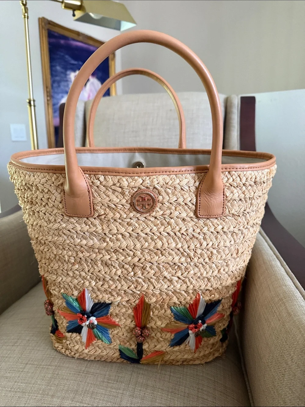 Tory Burch Straw Tote with Tan Leather Trim and Multicolor Floral Tassels