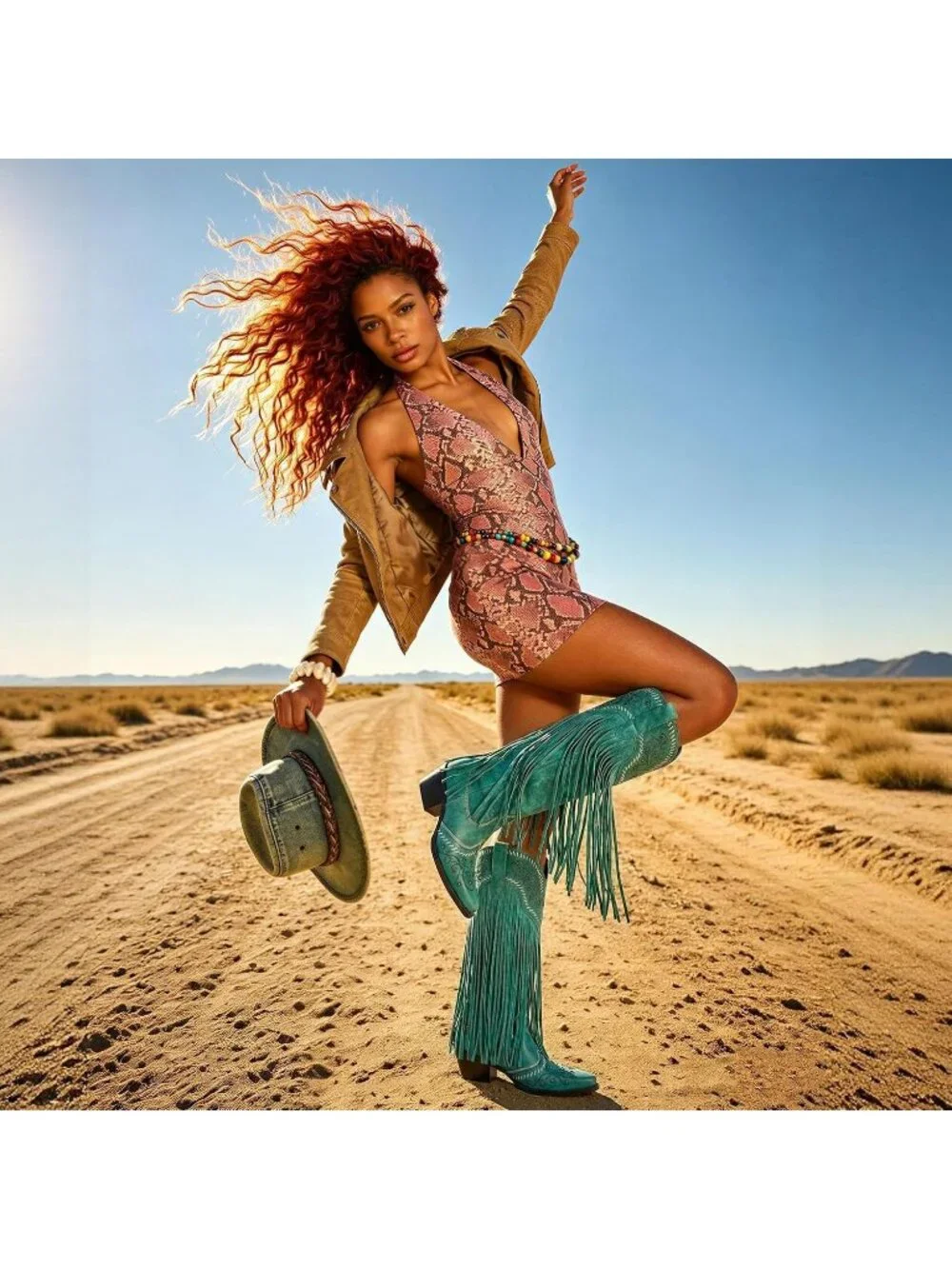 Women's Green Knee High Pointed Toe Fringe Cowboy Mid Block Heel Boots
