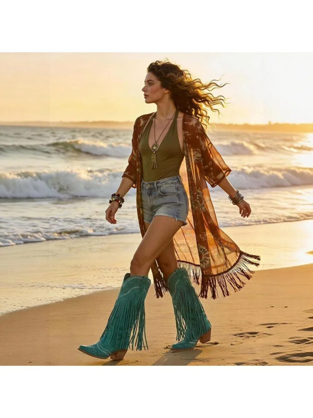 Women's Green Knee High Pointed Toe Fringe Cowboy Mid Block Heel Boots