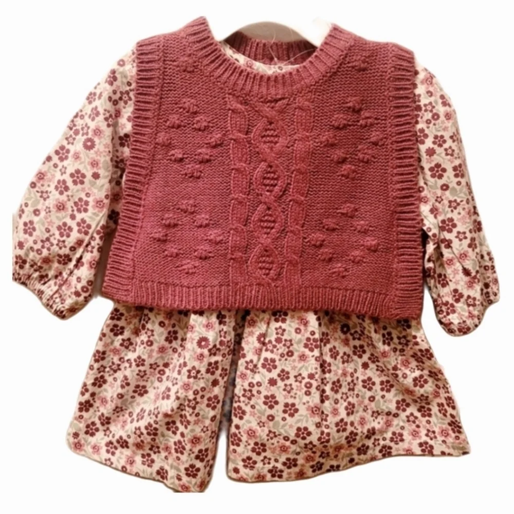 Nicole Miller Floral Top & Seperate Pink Knit Sweater Vest 3-6 Months
