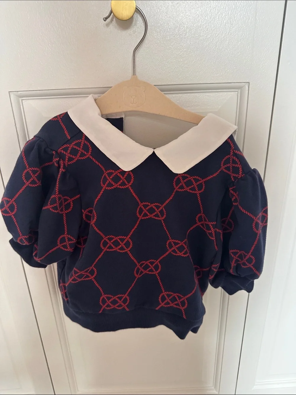 Janie and Jack Navy Sweatshirt with White Peter Pan Collar and Red Rope Print