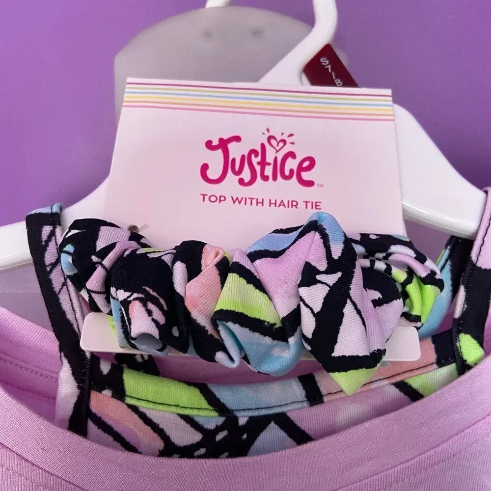 Justice 3-Piece Set Girls Size Small Lavender Top, Sports Bra & Scrunchie Outfit