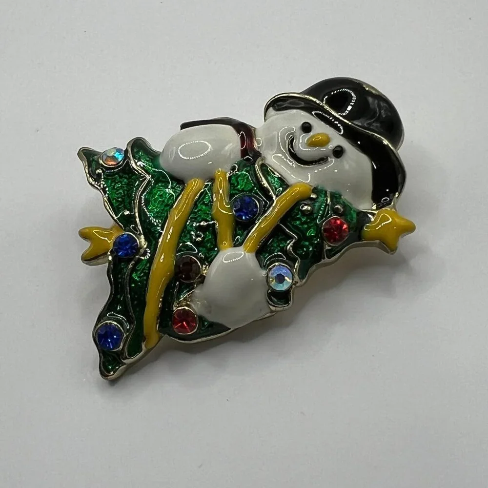 Vintage Snowman Brooch White Green Enamel and Crystal‎ Accent Pin
