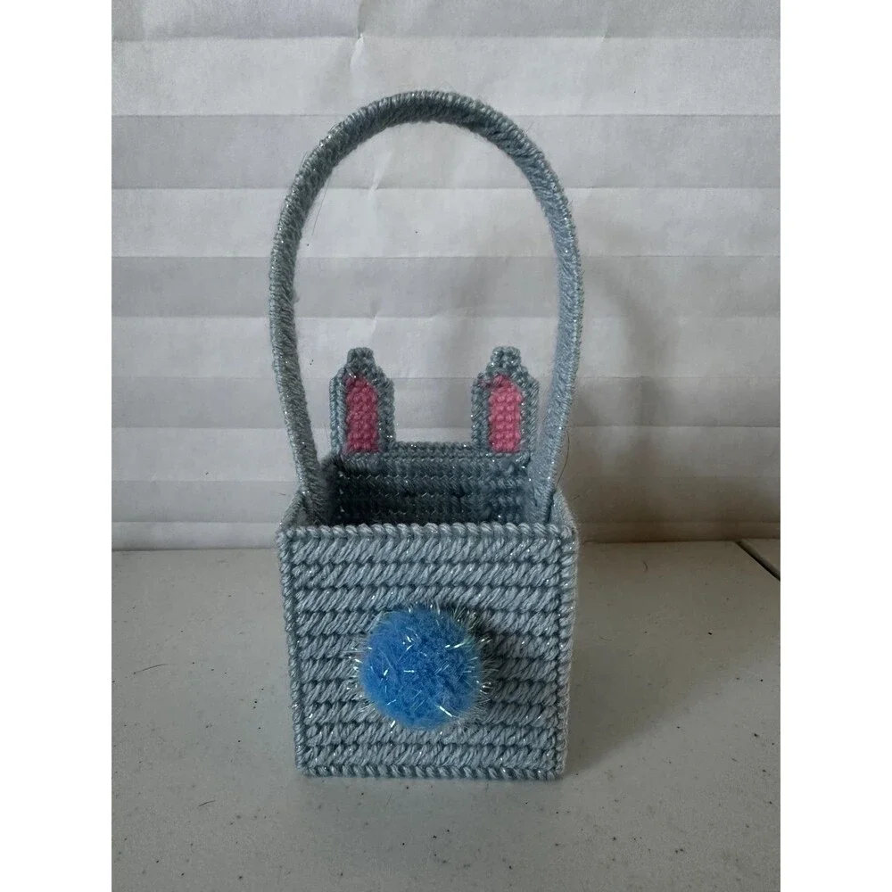 Mini Easter Basket with Pale Blue Sparkly Bunny Colorful Plastic Canvas Handmade