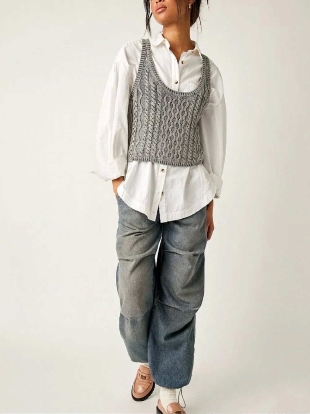 NWT Free People Cable Knit Sweater Tank Gray Cotton Scoop Neck Slouchy Top S