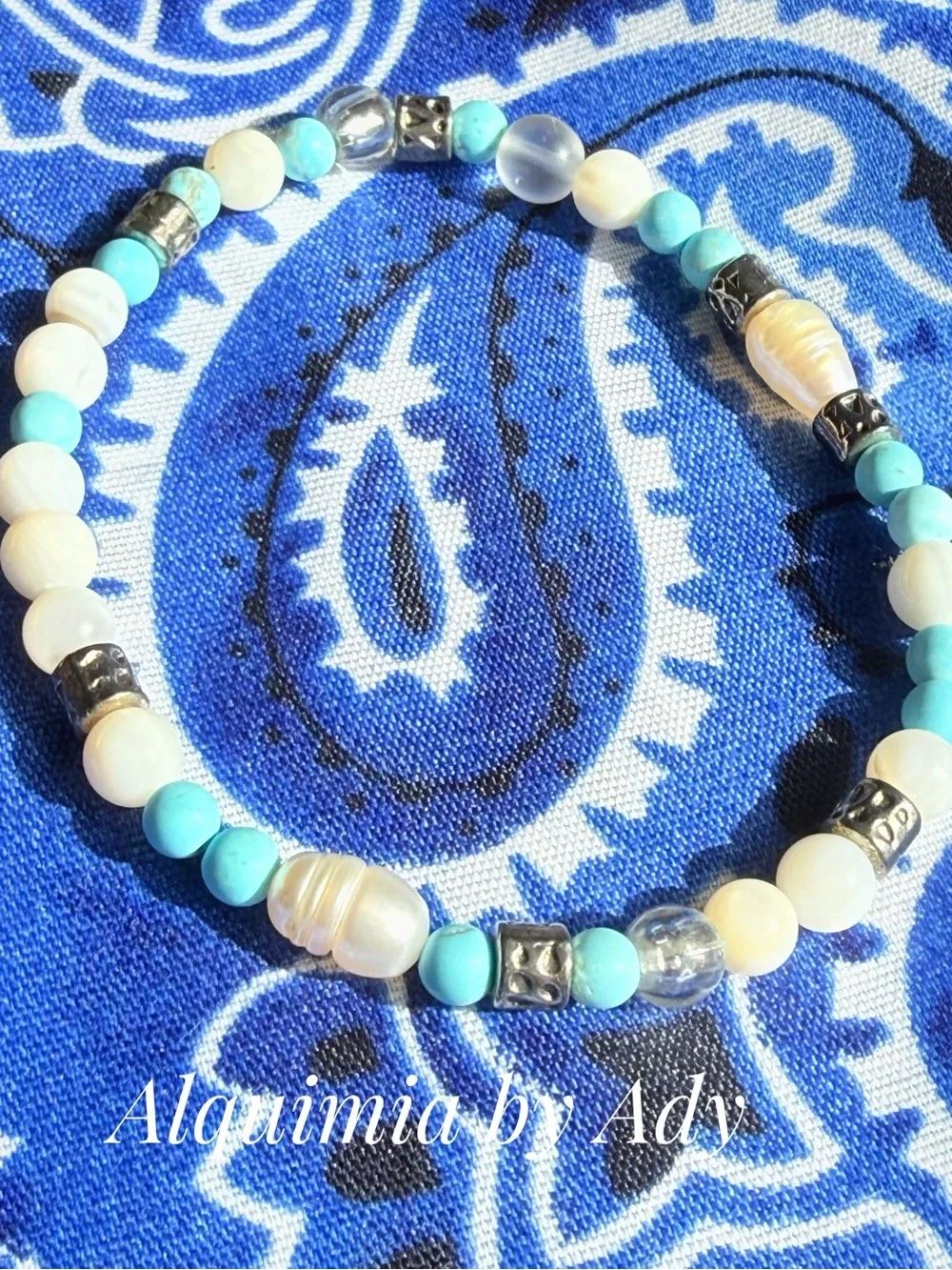 BEADED gold and blue TURQUOISE + FRESHWATER Pearl Bracelet