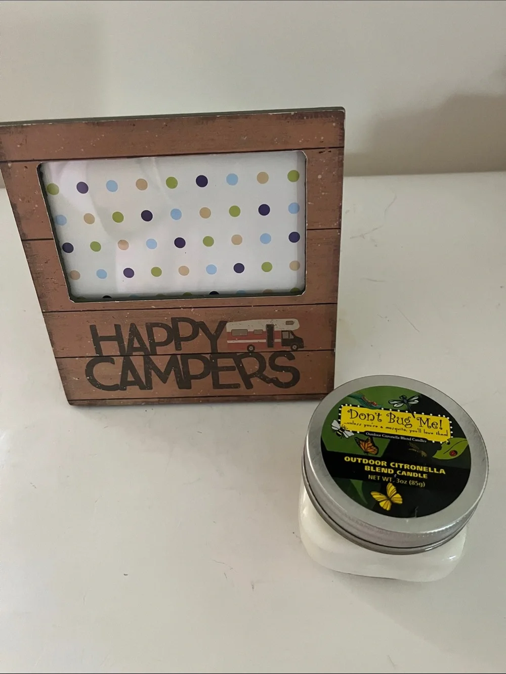 Happy Campers Wood Frame - Brown and “Don’t Bug Me” citronella candle