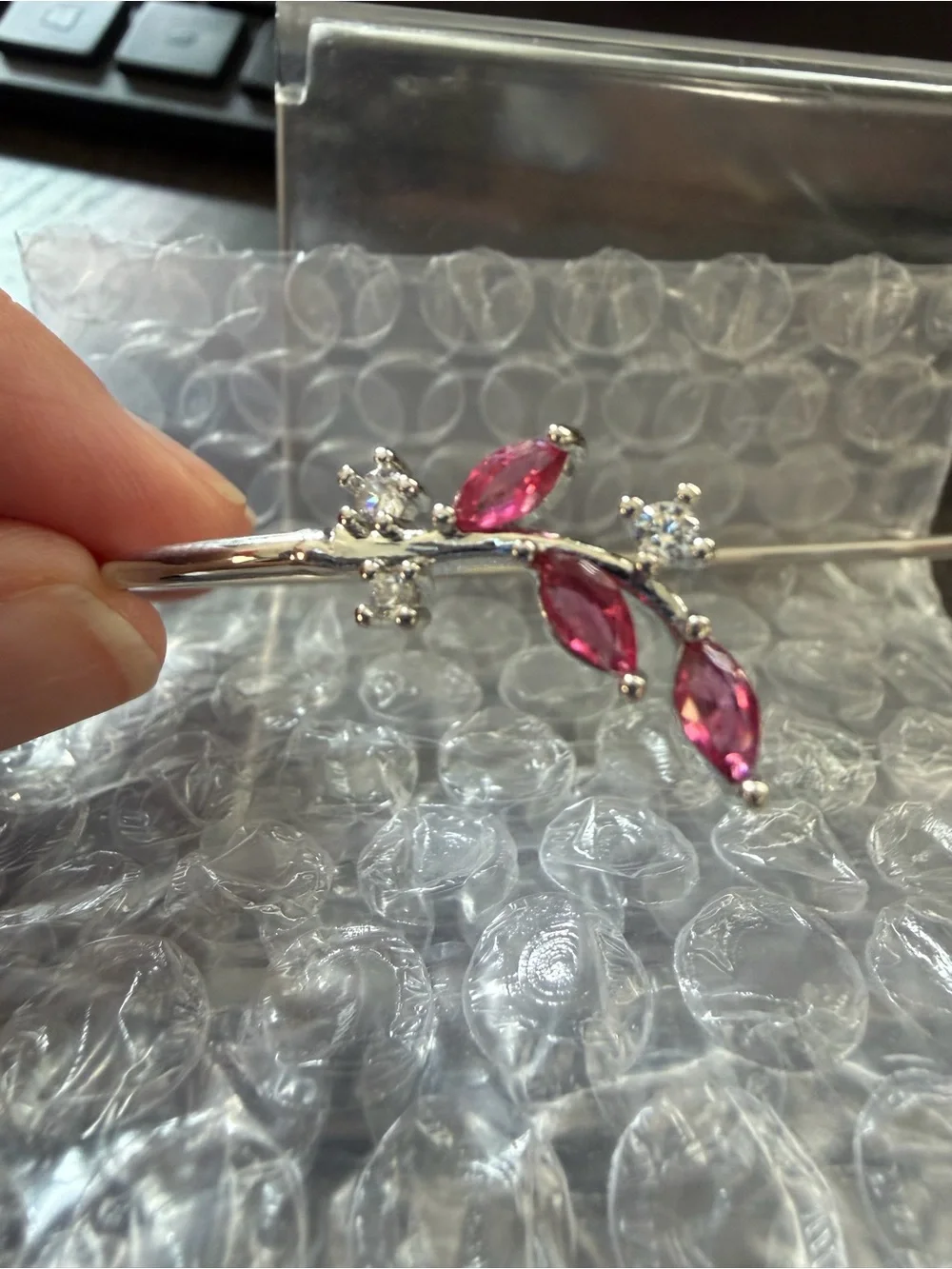 Silver Open Bangle Bracelet with Pink Marquise Stones