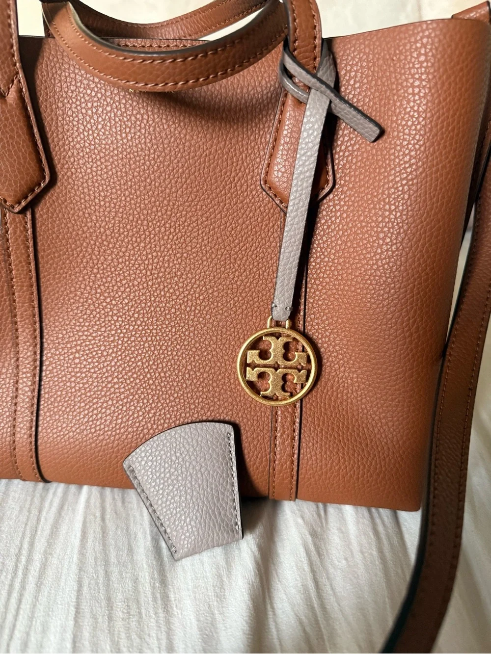 Tory Burch Cognac Leather Shoulder Tote with Taupe Trim