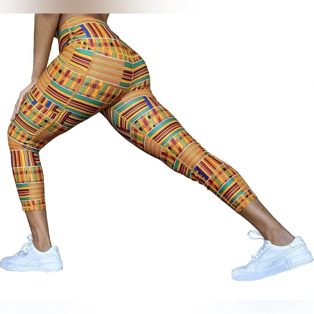 Washoge Esi Kente African Print High Waist Yoga Leggings with Pockets Small