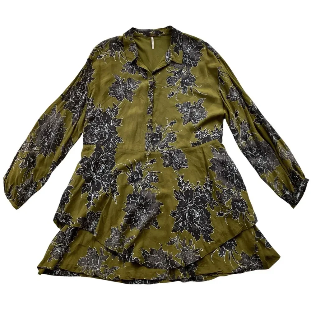 Free People Shake It Tunic Mini Dress Size Small Olive Gray Floral Boho