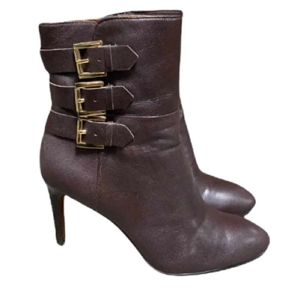 Nine West Brown Leather Buckle Heeled Bootie Size 8.5