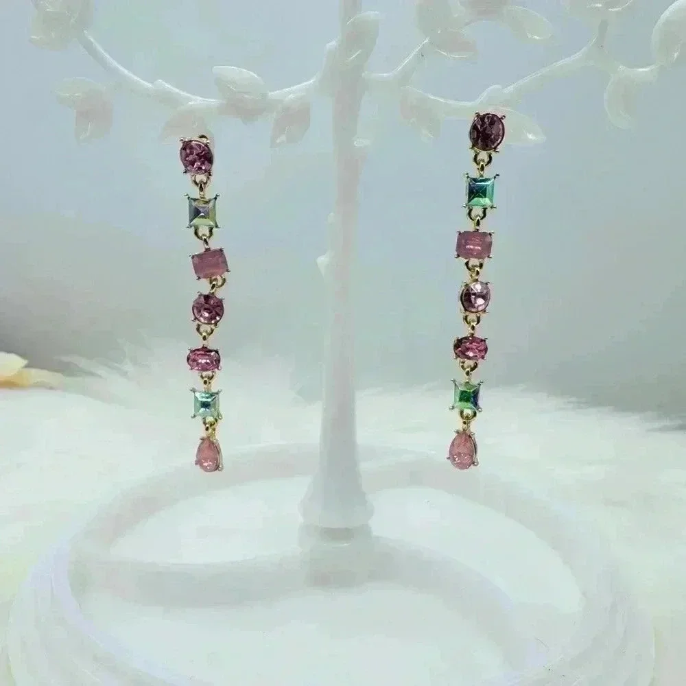 Geometric Pink Crystal Tassel Earrings
