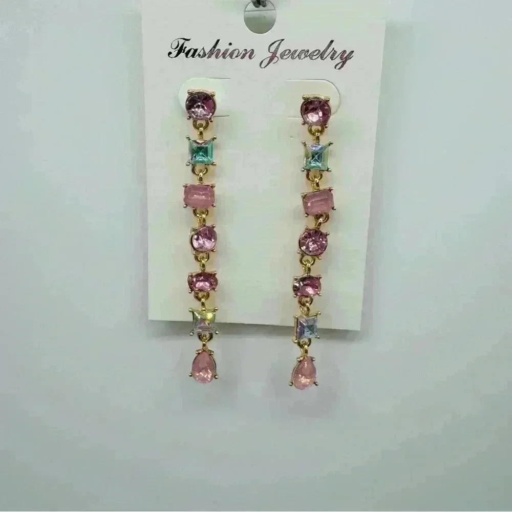 Geometric Pink Crystal Tassel Earrings