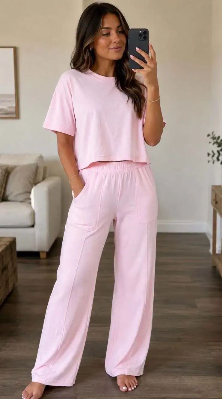 Sundry Women's Boxy Crop T-Shirt and Wide Leg Lounge Pant Set in Pink