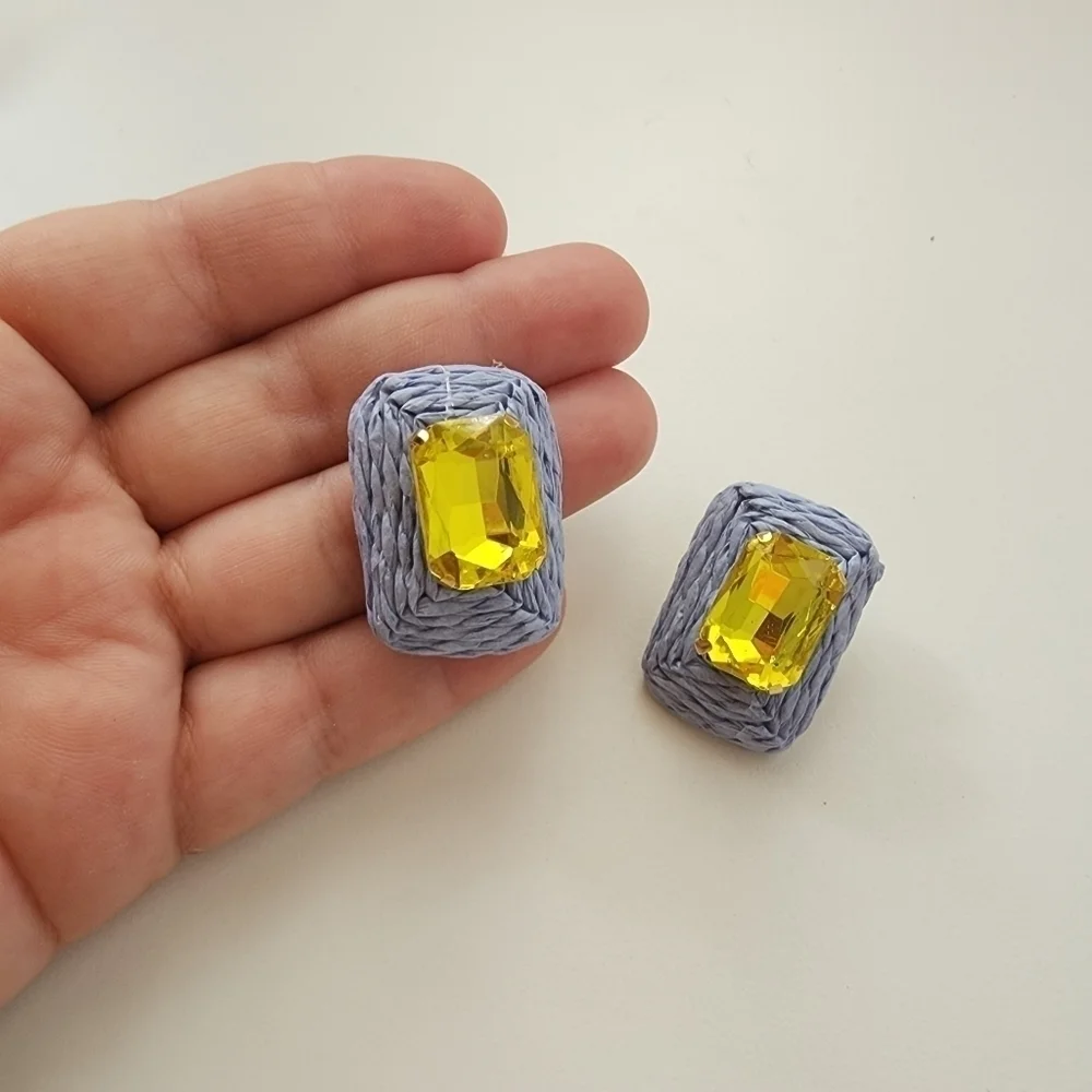NWT Blue Yellow Raffia Emerald Cut Stone Colorful Rectangle Earrings