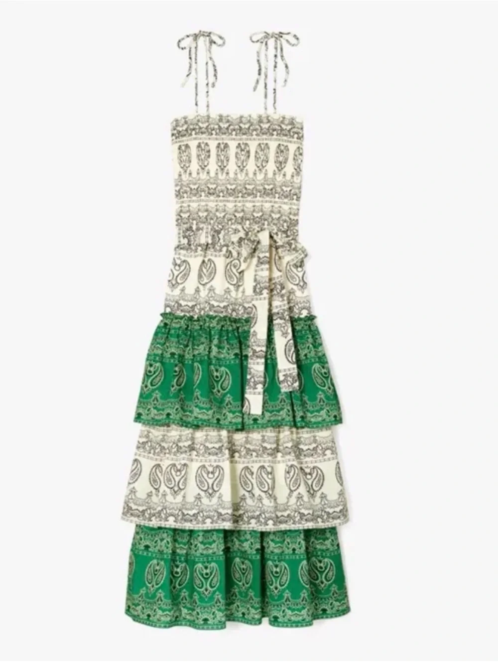 Tory Burch Green and Cream Paisley Tiered Midi Dress