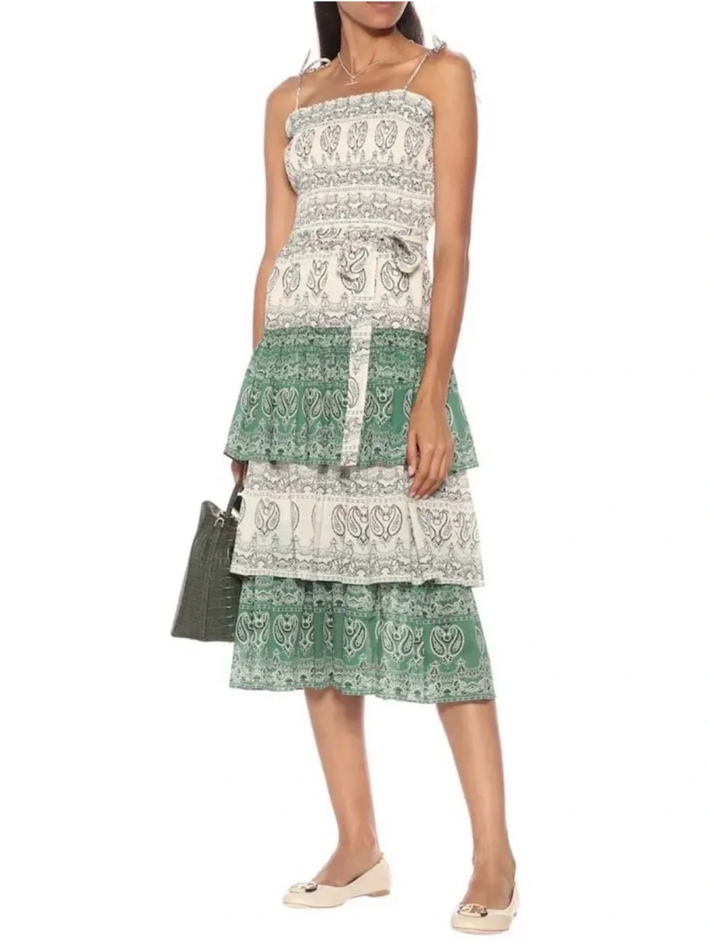 Tory Burch Green and Cream Paisley Tiered Midi Dress